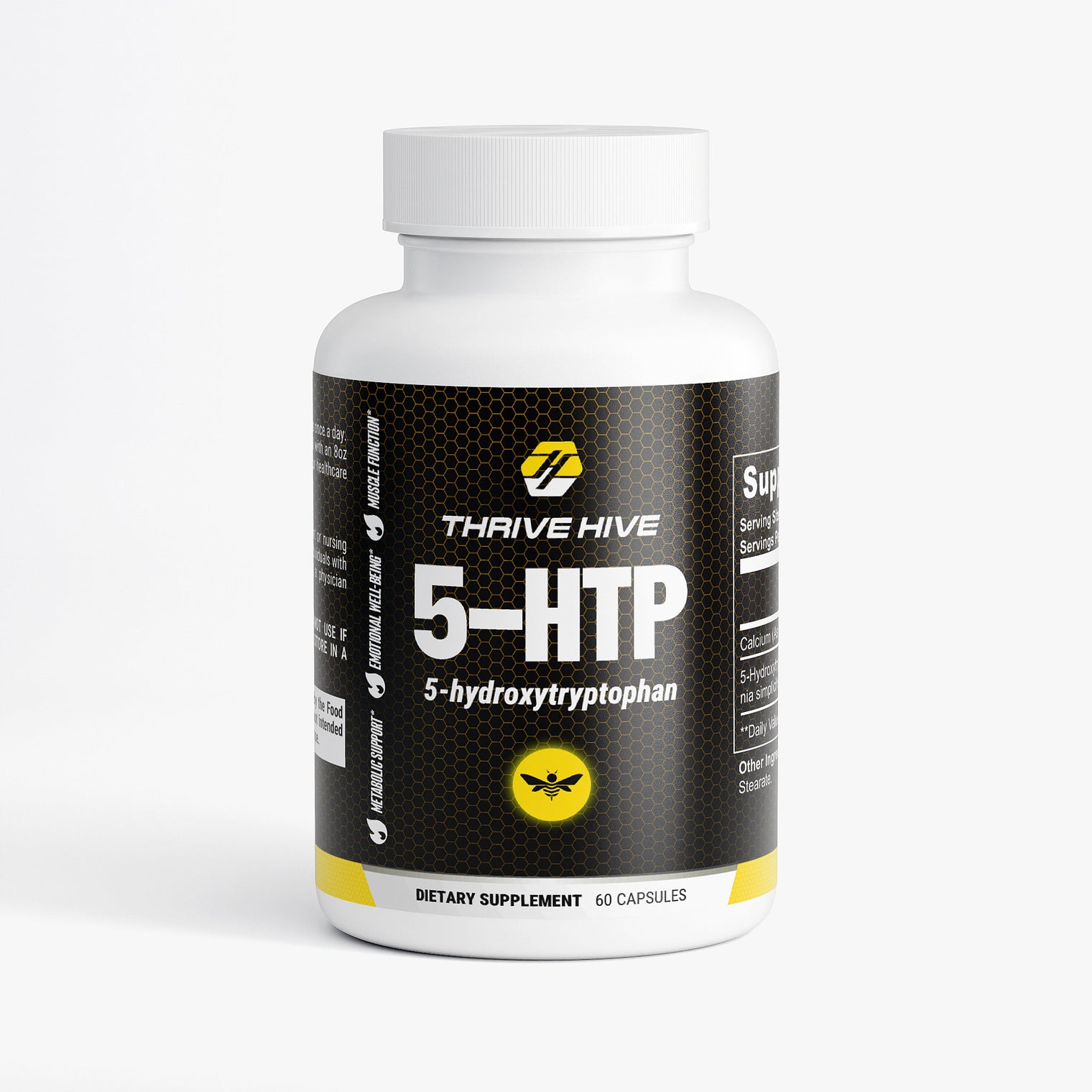 Thrive Hive 5-HTP supplement bottle, a natural aid for emotional well-being.