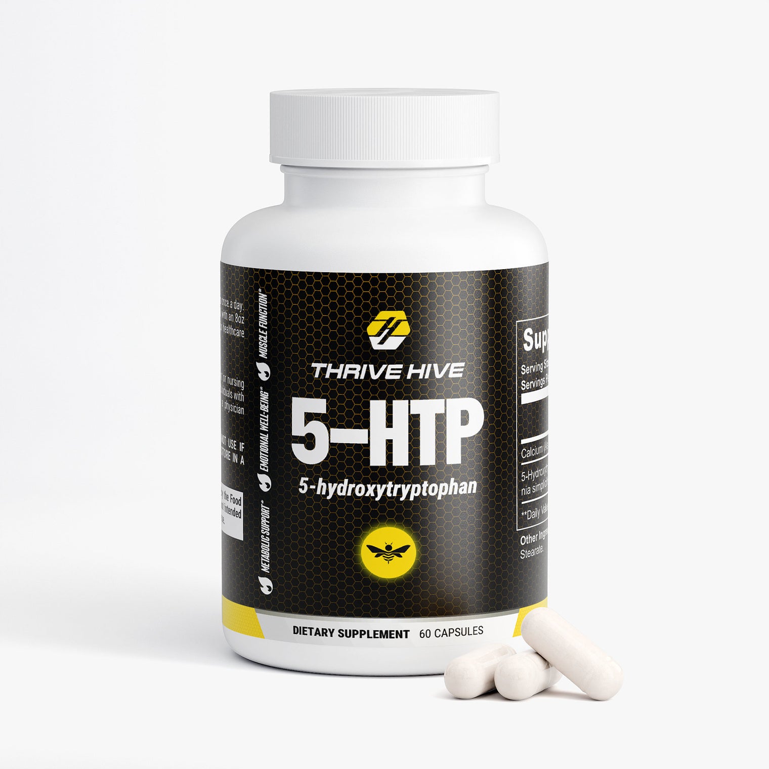 Thrive Hive 5-HTP supplement bottle, a natural aid for emotional well-being.