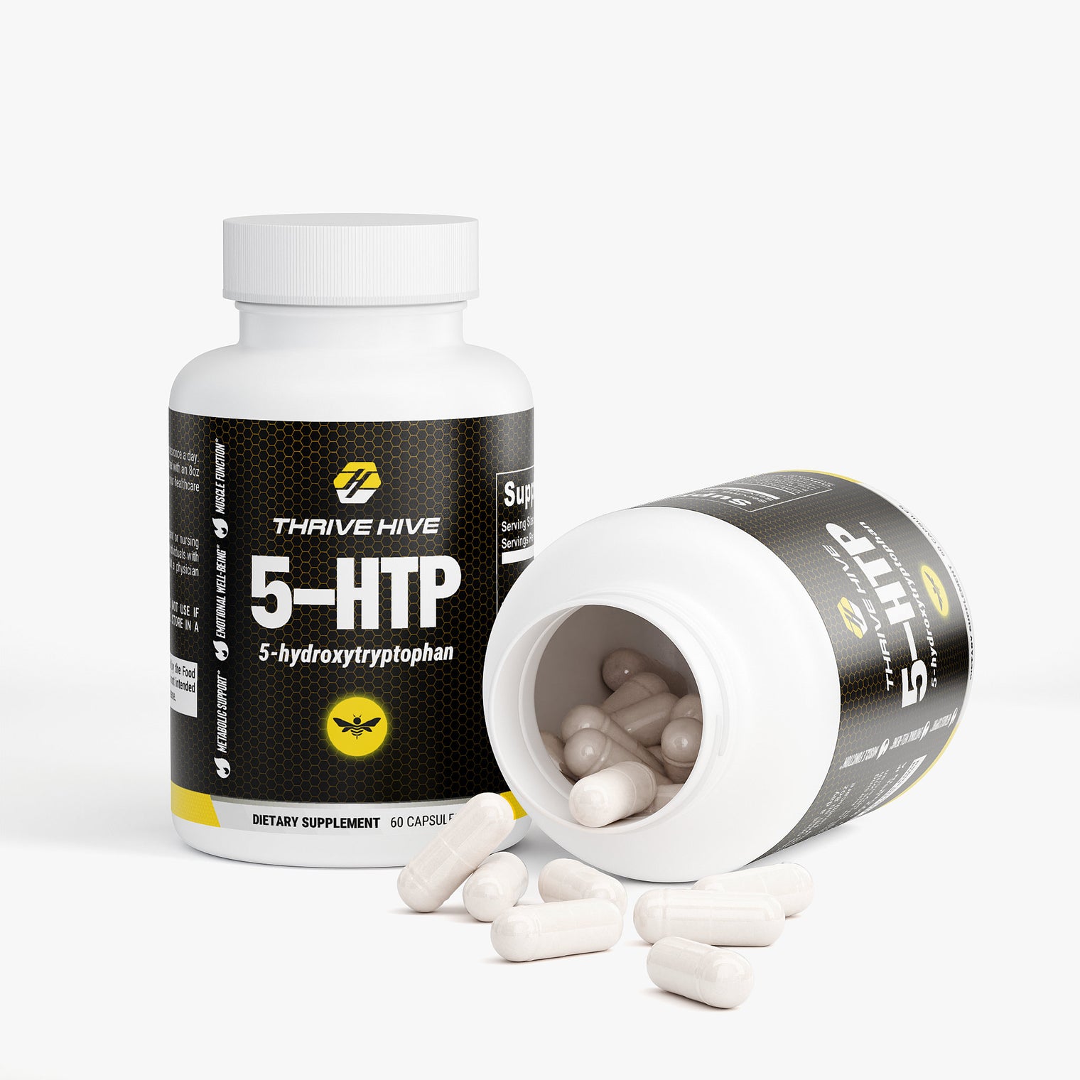 Close-up of a Thrive Hive 5-HTP capsule, a supplement for serotonin support.