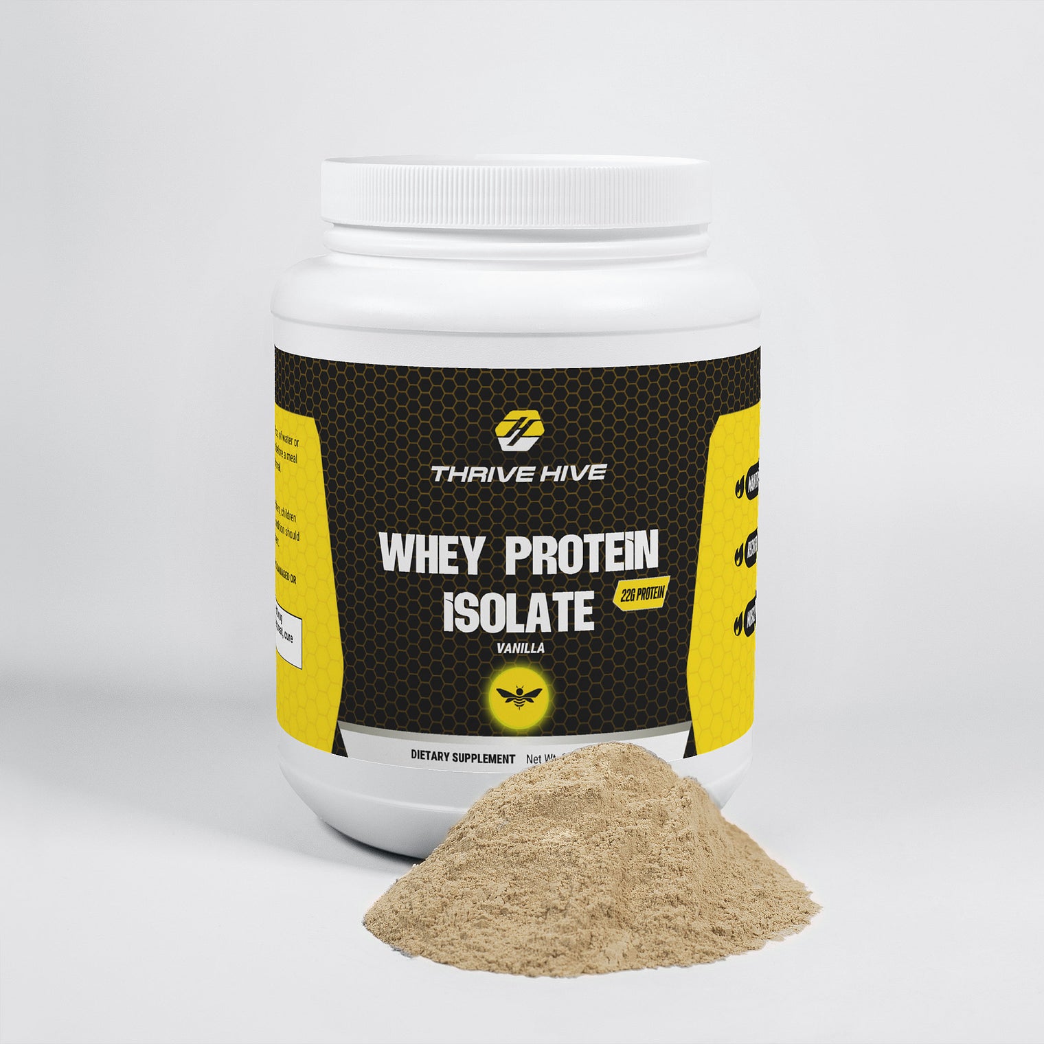 A scoop of Thrive Hive vanilla-flavored Whey Protein Isolate powder, showing its fine texture.