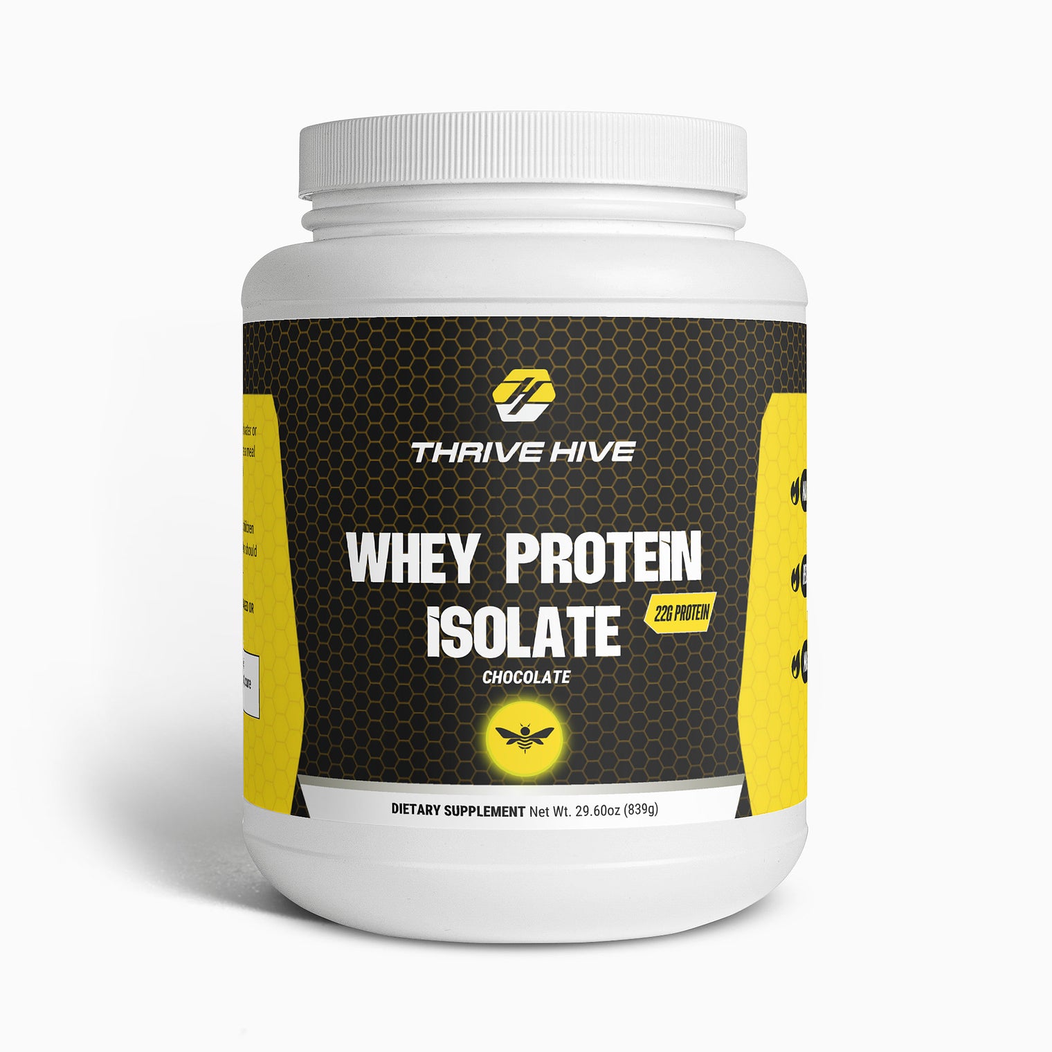 Thrive Hive Whey Protein Isolate (Chocolate) container, a supplement for muscle recovery and growth.
