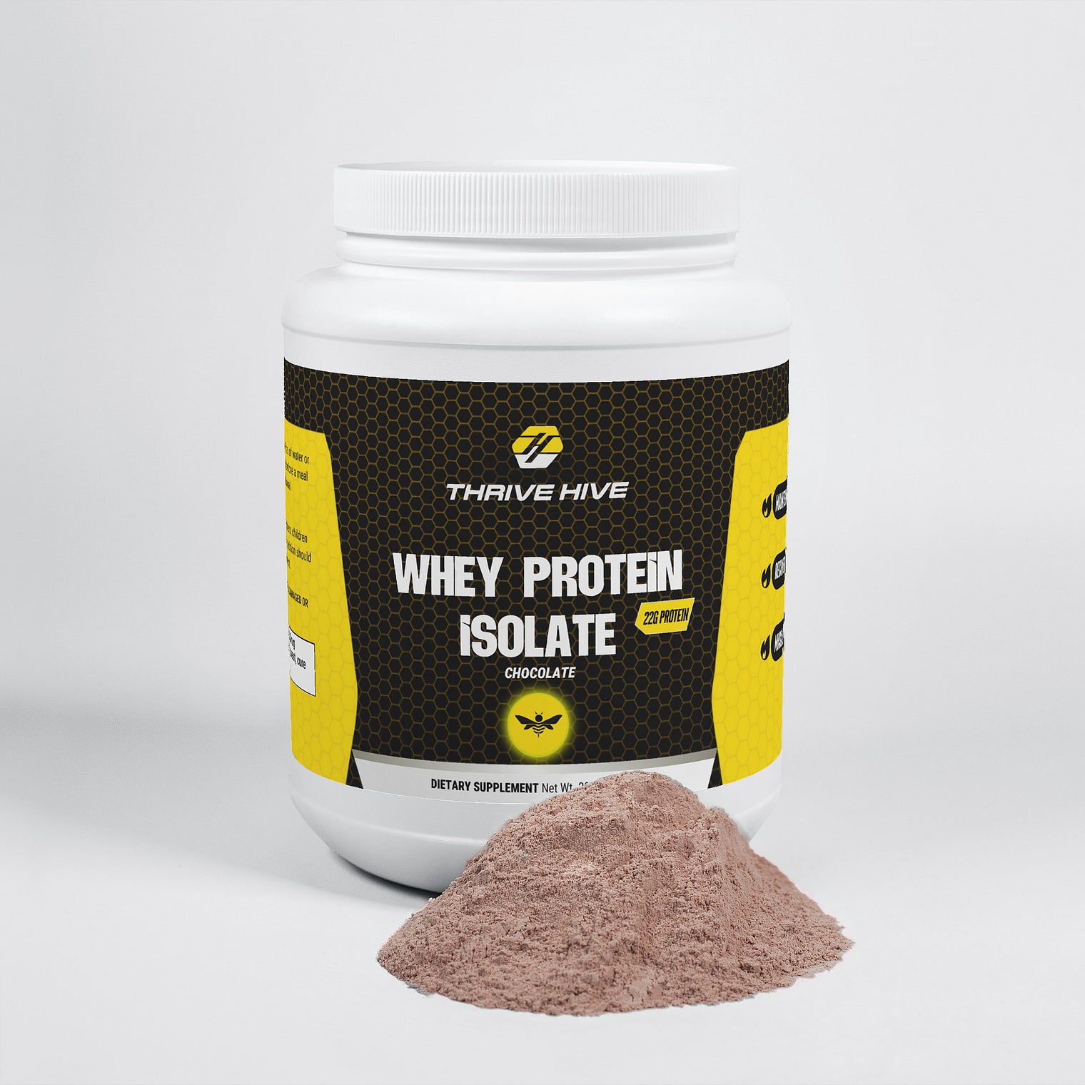 A scoop of Thrive Hive chocolate-flavored Whey Protein Isolate powder, showing its fine texture.
