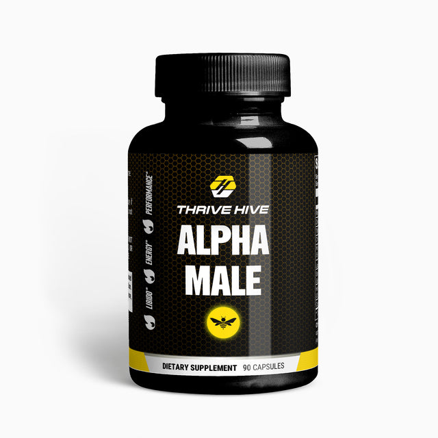 Thrive Hive Alpha Male bottle, a men's vitality and wellness supplement.