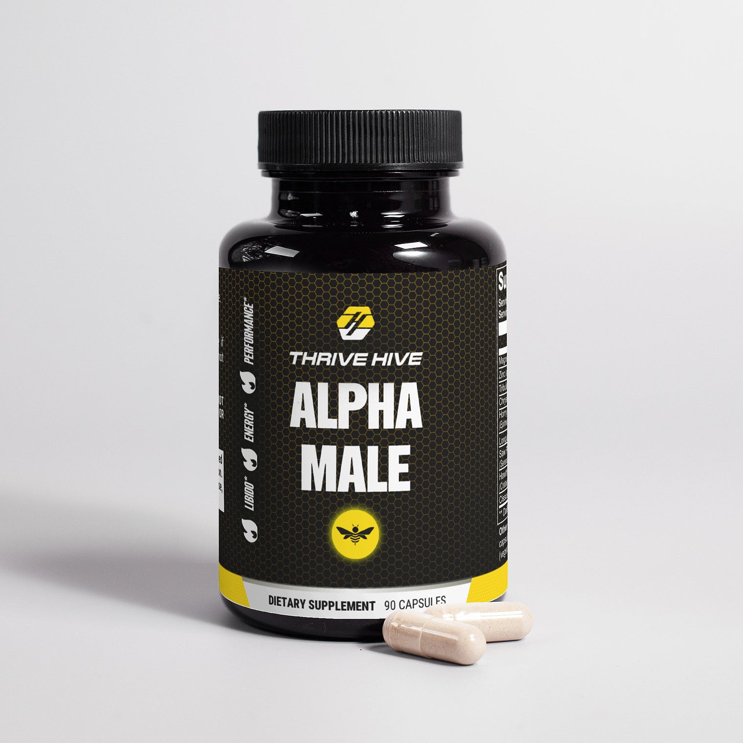 Thrive Hive Alpha Male bottle, a men's vitality and wellness supplement.