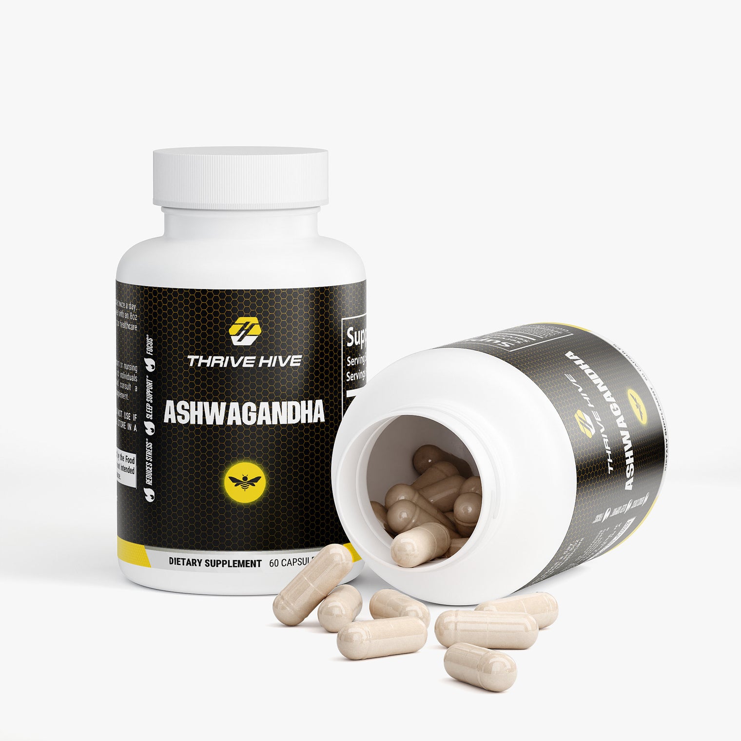 Close-up of a Thrive Hive Ashwagandha capsule, containing organic Ashwagandha root and black pepper.