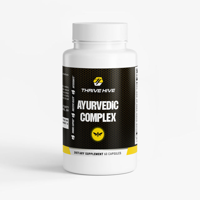 Thrive Hive Ayurvedic Complex bottle, a holistic wellness supplement with Ashwagandha and Turmeric.
