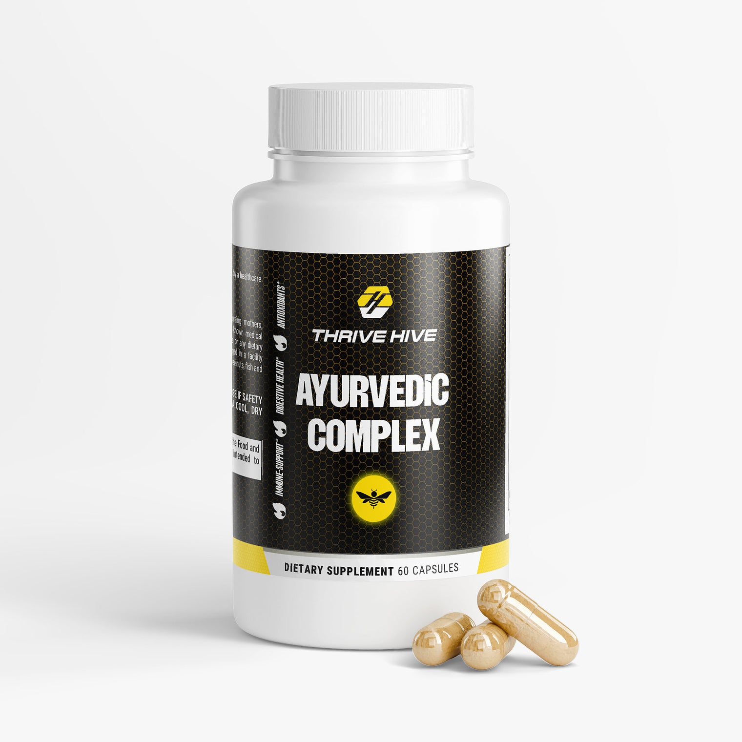 Thrive Hive Ayurvedic Complex bottle, a holistic wellness supplement with Ashwagandha and Turmeric.