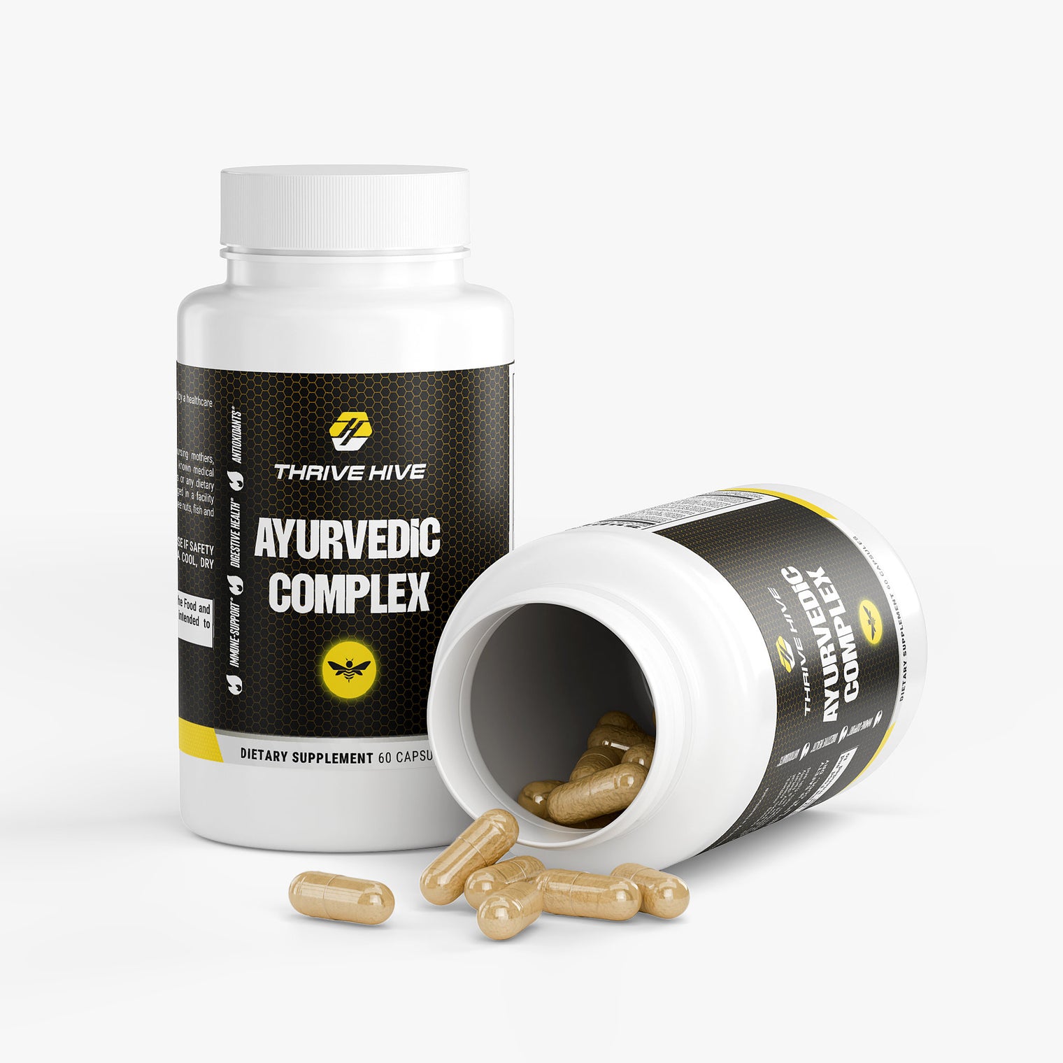 Close-up of a Thrive Hive Ayurvedic Complex capsule, containing a blend of traditional Ayurvedic herbs.