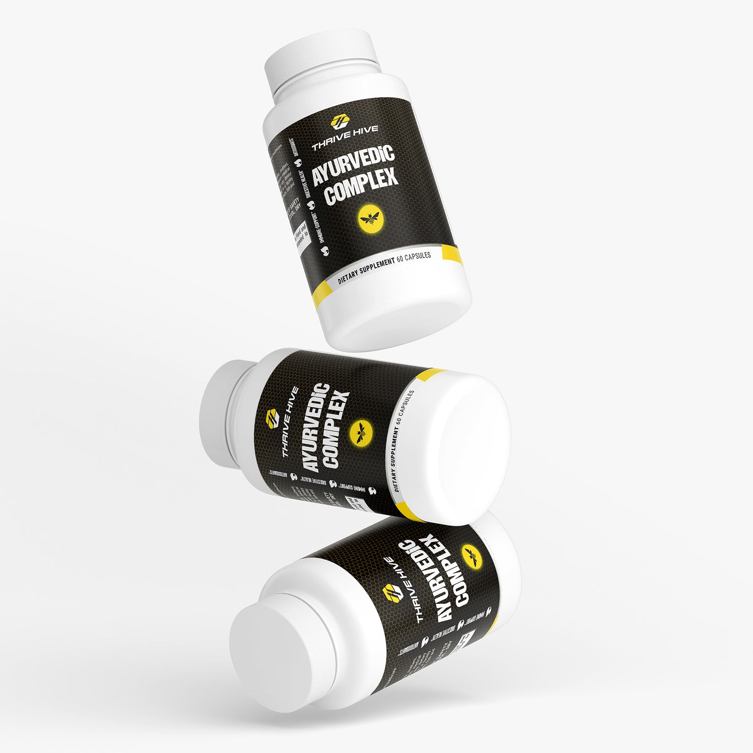 Thrive Hive Ayurvedic Complex bottle, a holistic wellness supplement with Ashwagandha and Turmeric.