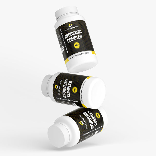 Thrive Hive Ayurvedic Complex bottle, a holistic wellness supplement with Ashwagandha and Turmeric.