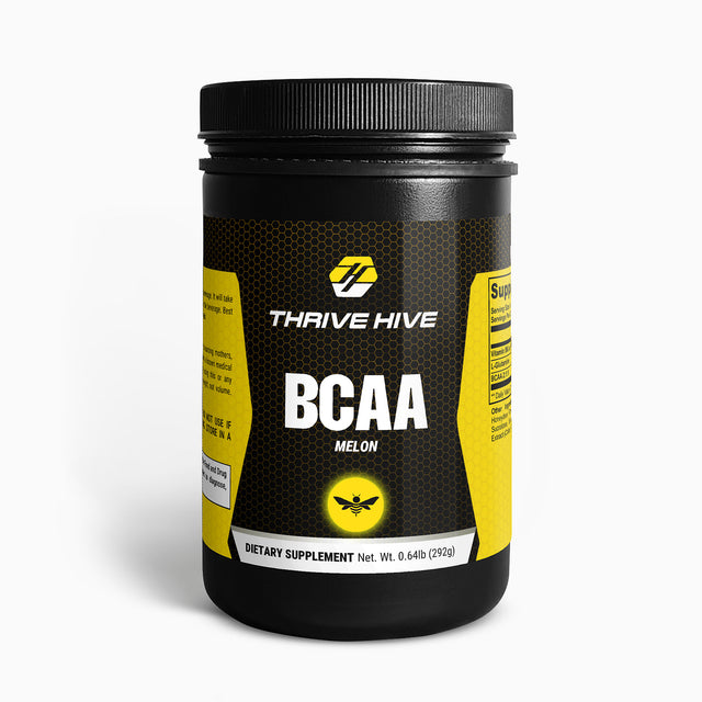 Thrive Hive BCAA powder container, a muscle recovery supplement with a Honeydew Watermelon flavor.