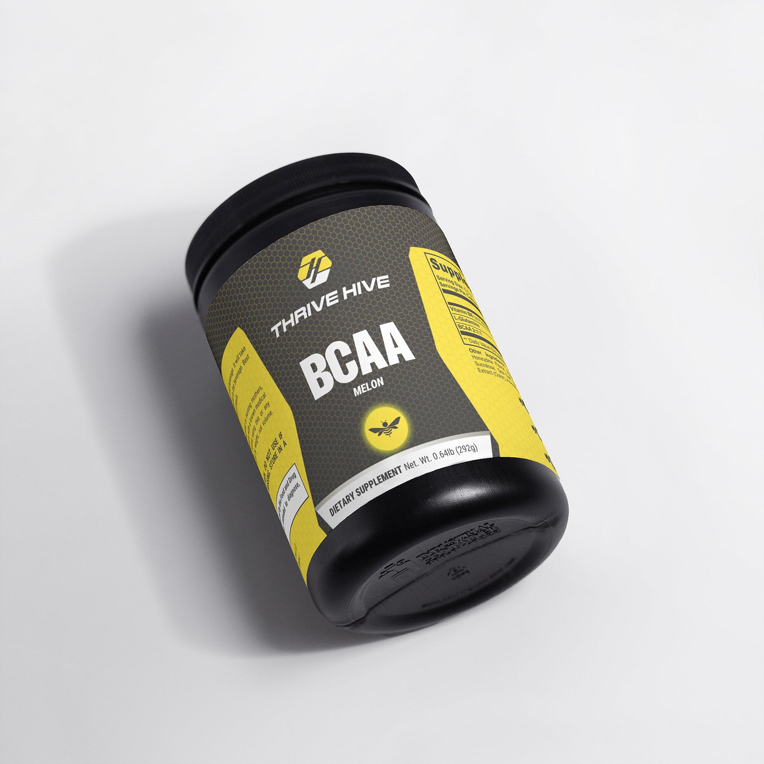 Thrive Hive BCAA powder container, a muscle recovery supplement with a Honeydew Watermelon flavor.