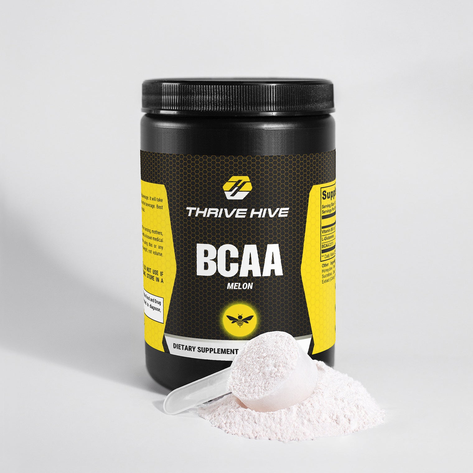 A scoop of Thrive Hive BCAA powder, an essential amino acid supplement for lean muscle.