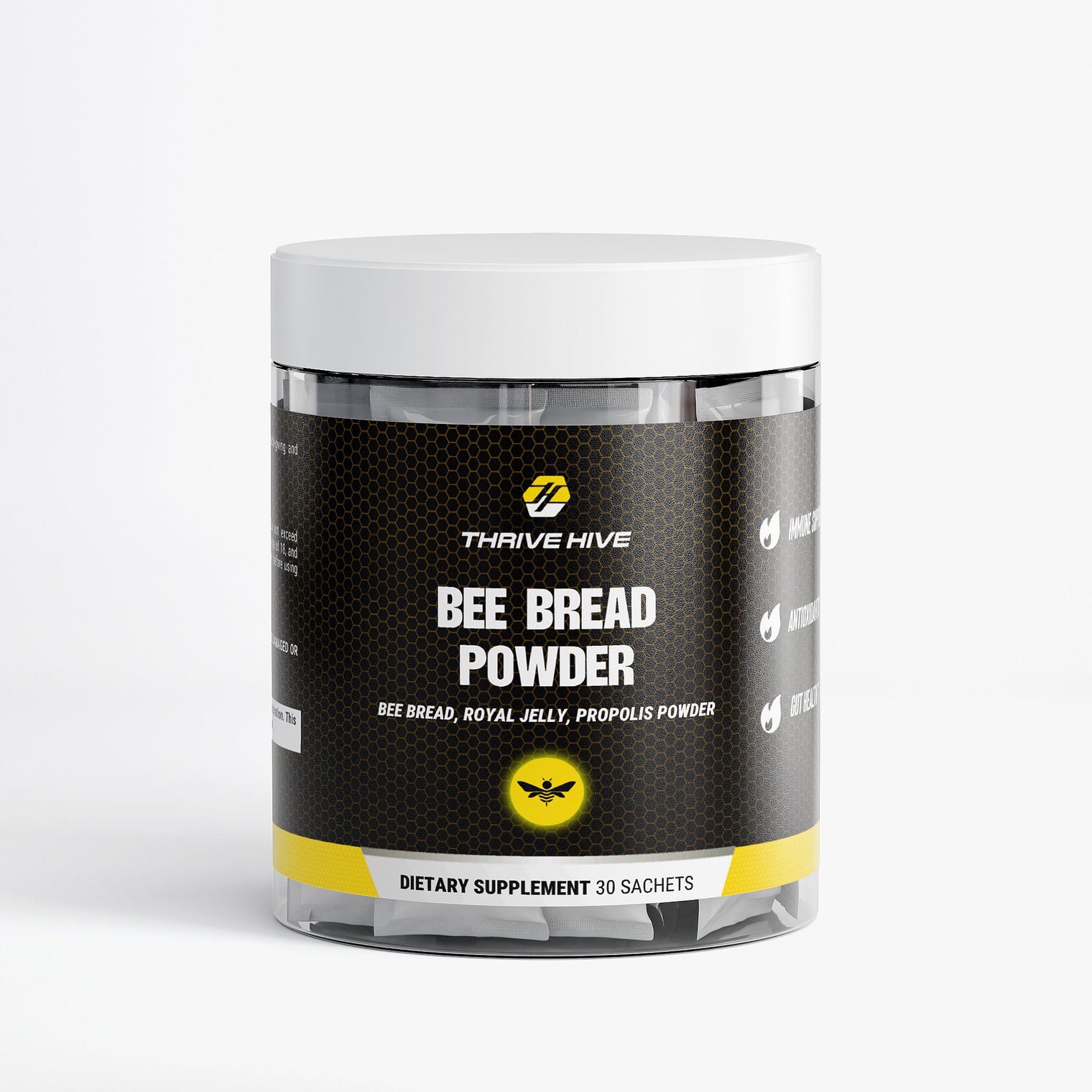 Thrive Hive Bee Bread Powder box with 30 sachets, a smoothie additive for natural energy and immunity.