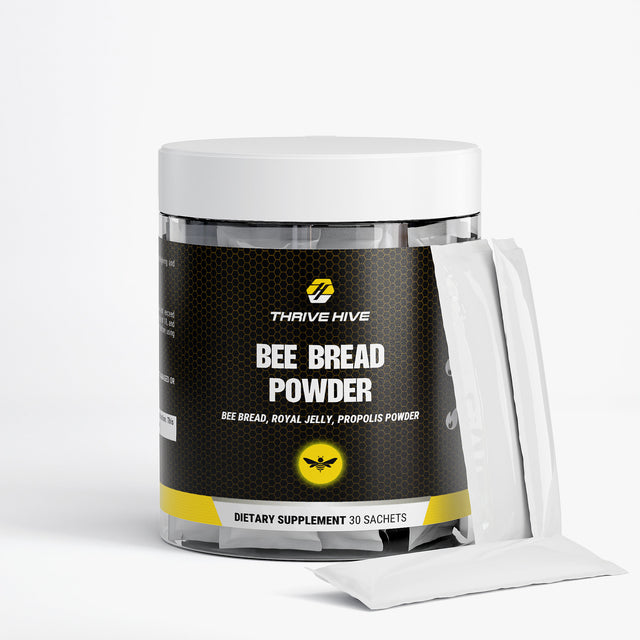 A single sachet of Thrive Hive Bee Bread Powder, a convenient serving for a daily wellness boost.