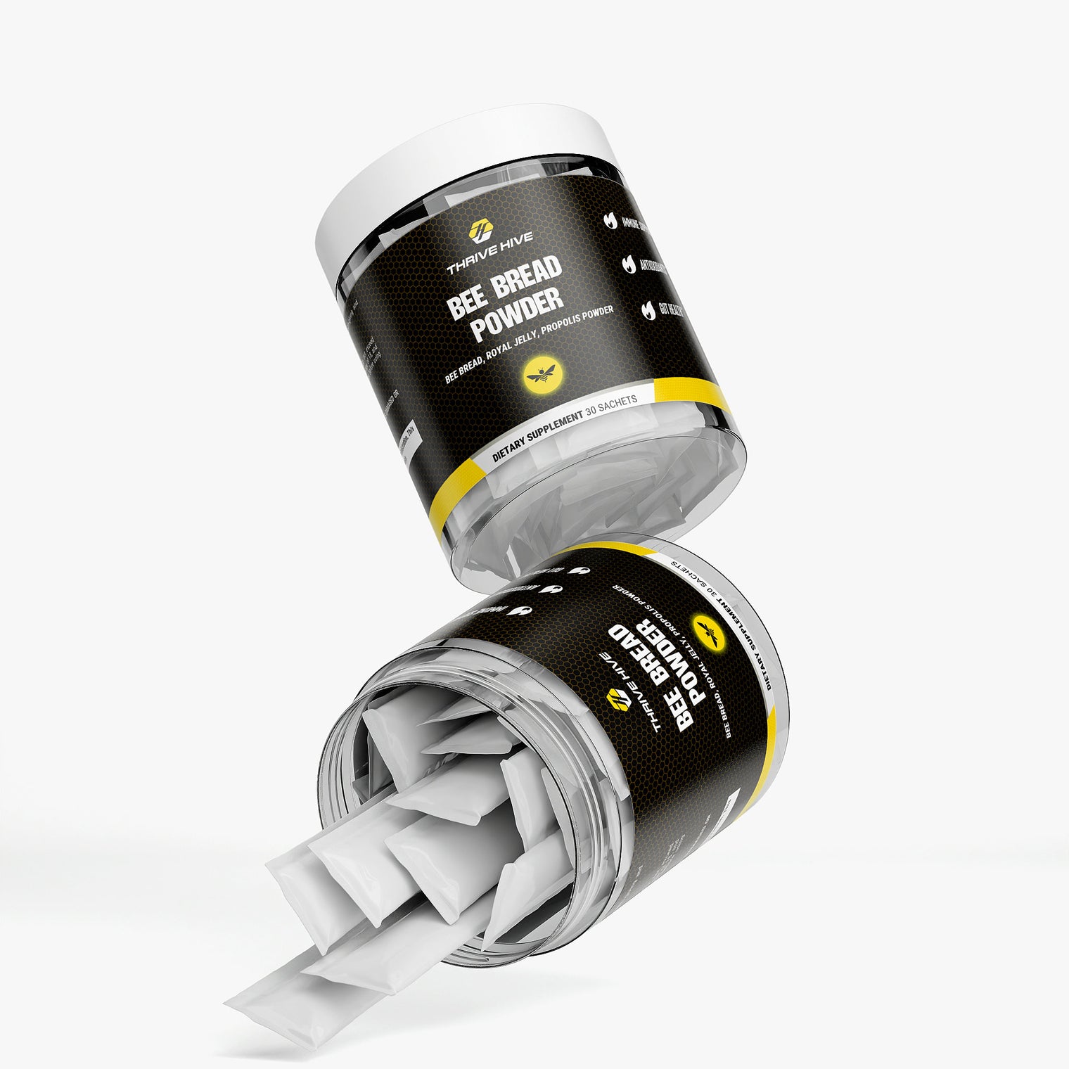 Thrive Hive Bee Bread Powder box with 30 sachets, a smoothie additive for natural energy and immunity.