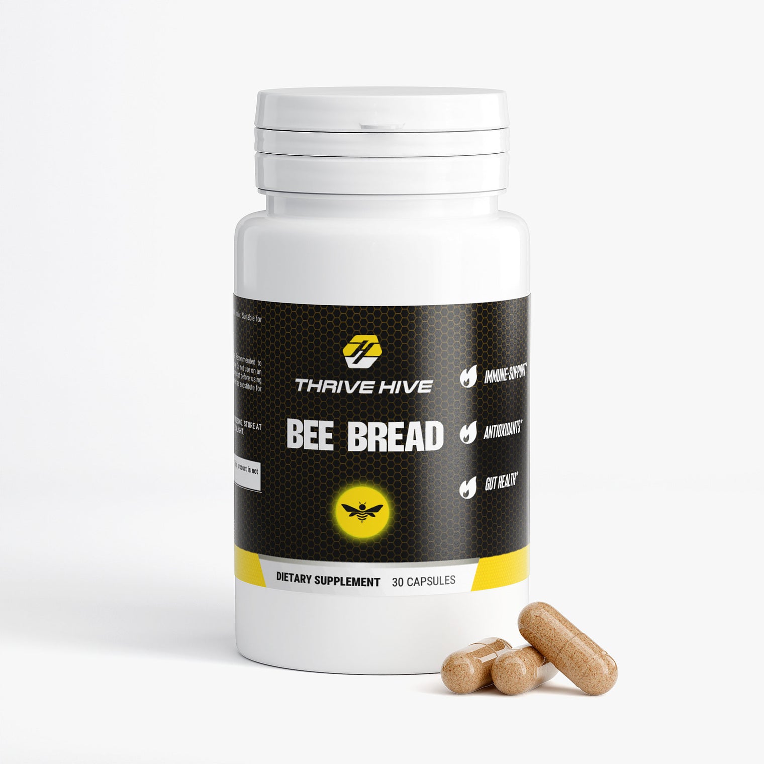 Thrive Hive Bee Bread bottle, a natural supplement for immune and energy support.