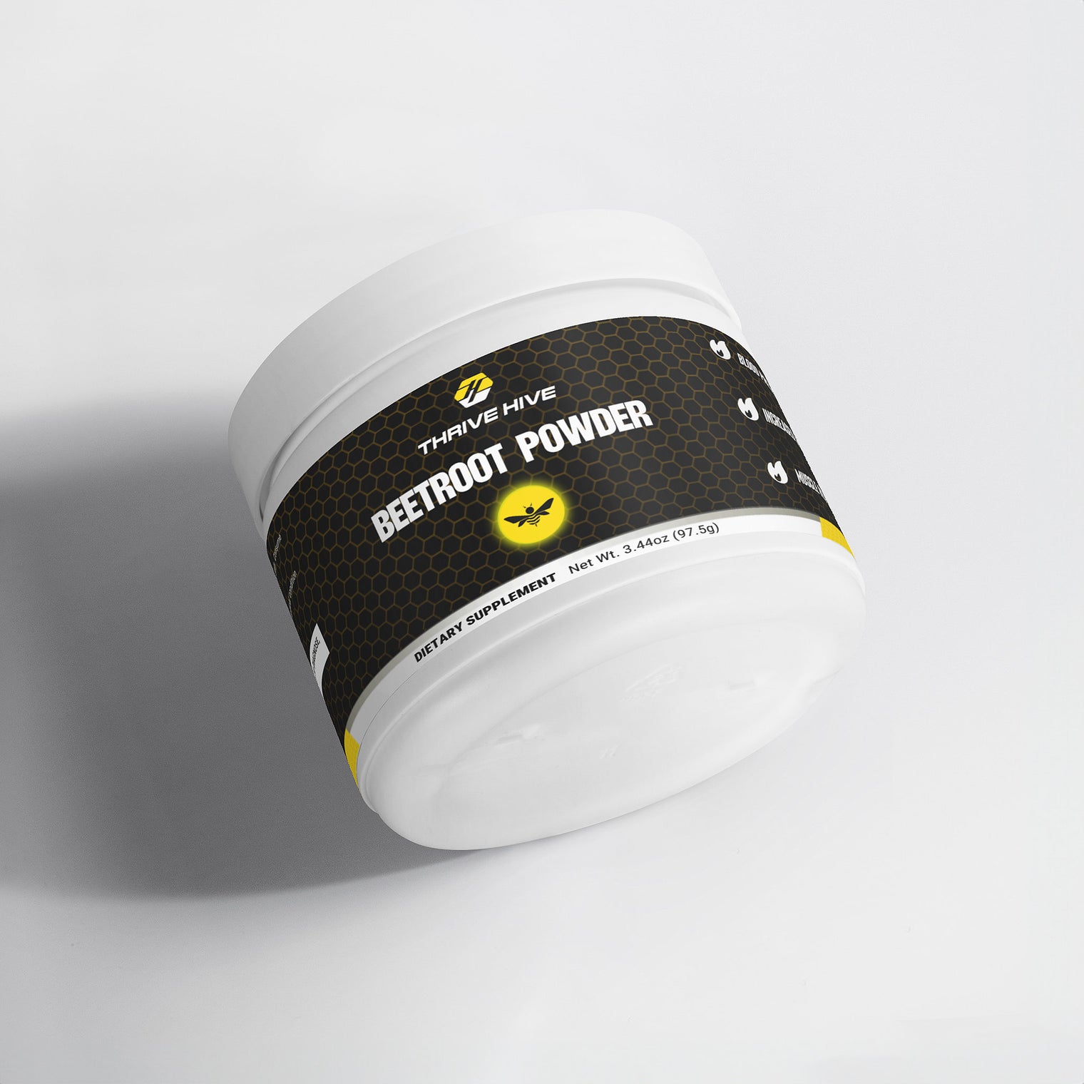 Thrive Hive Beetroot Powder container, a supplement for blood pressure and circulation support.