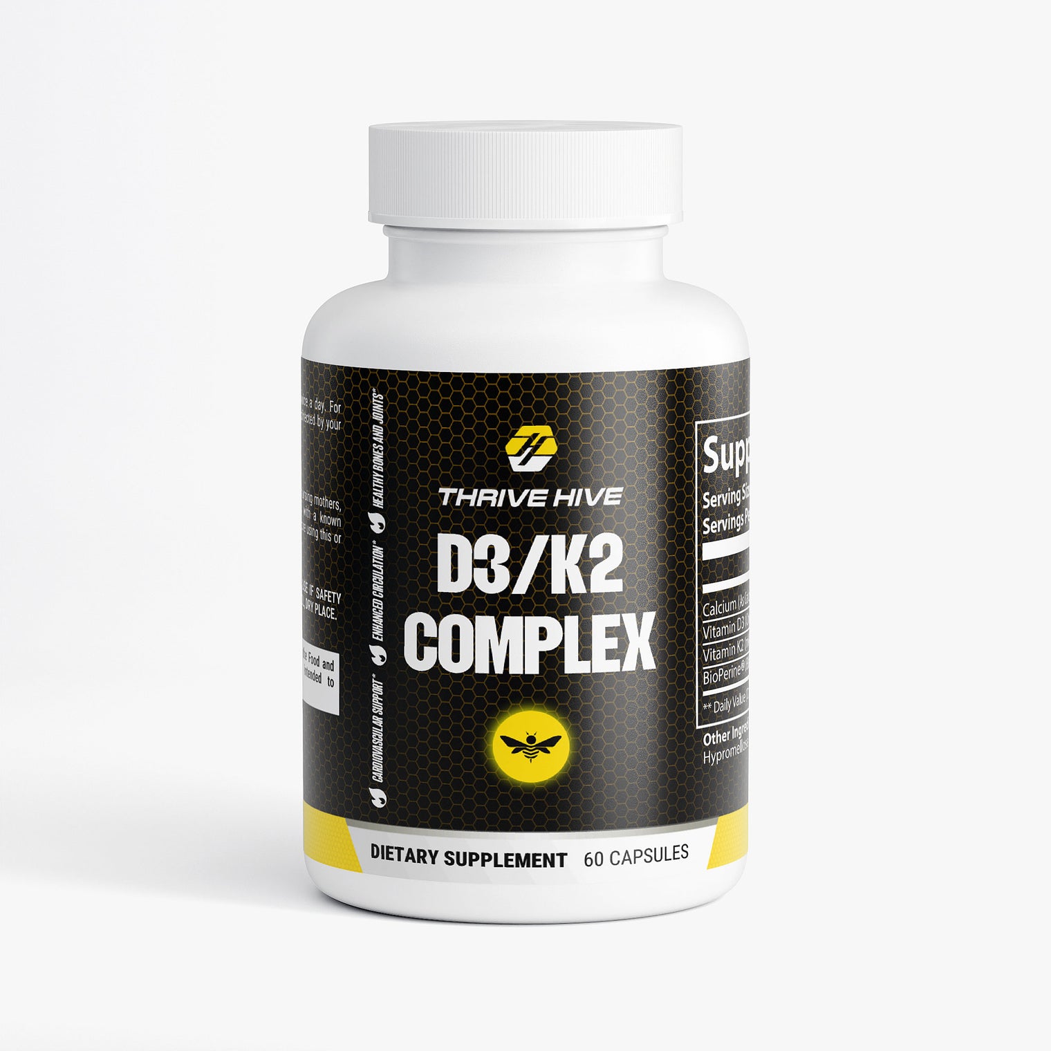 Thrive Hive D3/K2 Complex bottle, a supplement for synergistic bone and cardiovascular support.
