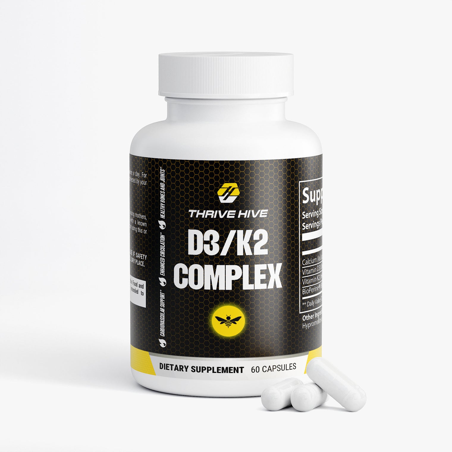 Thrive Hive D3/K2 Complex bottle, a supplement for synergistic bone and cardiovascular support.