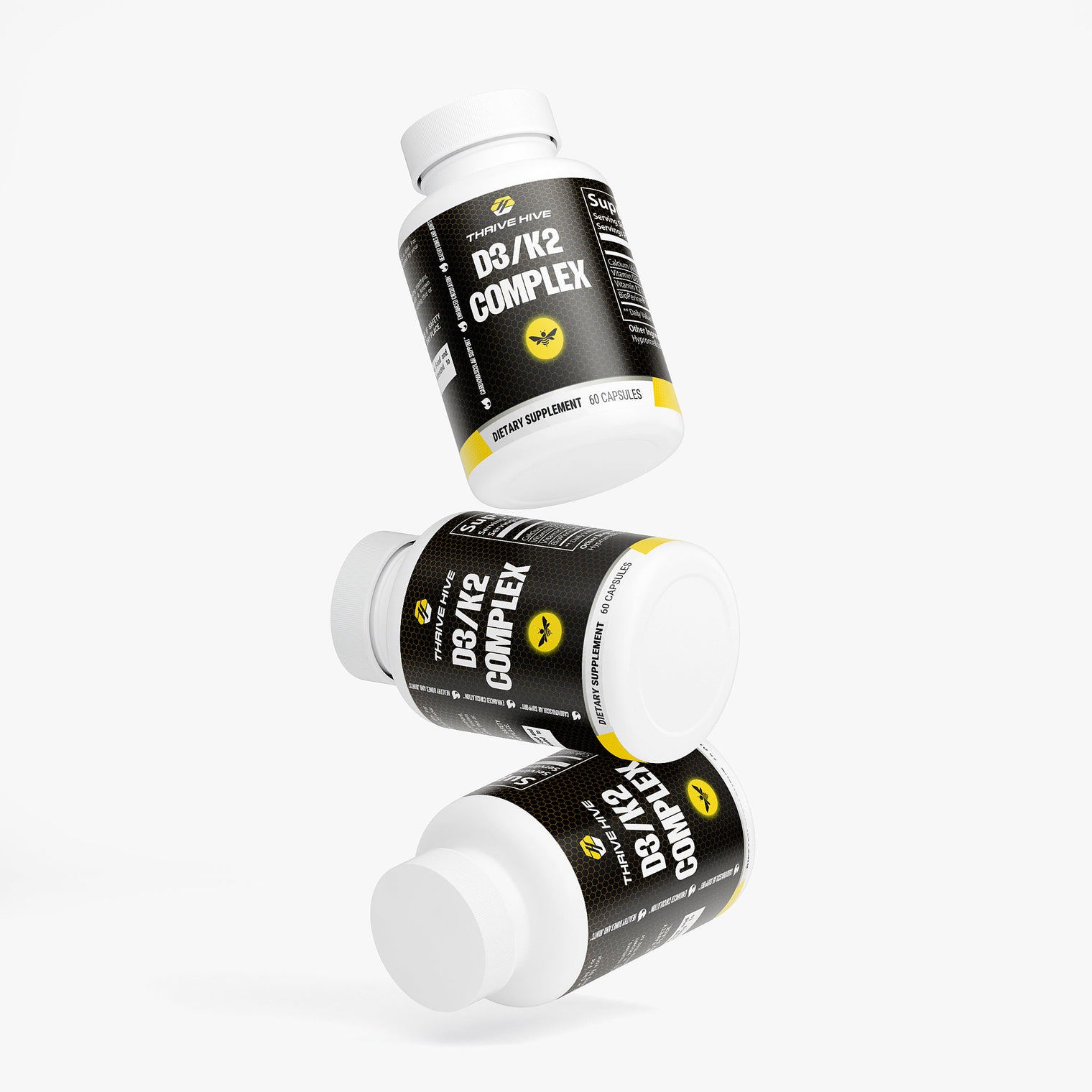 Thrive Hive D3/K2 Complex bottle, a supplement for synergistic bone and cardiovascular support.