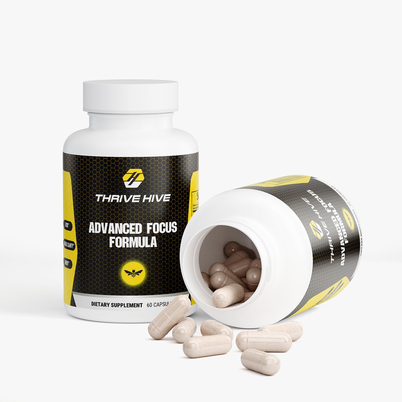 Close-up of a Thrive Hive Advanced Focus Formula capsule, a daily supplement for mental clarity.