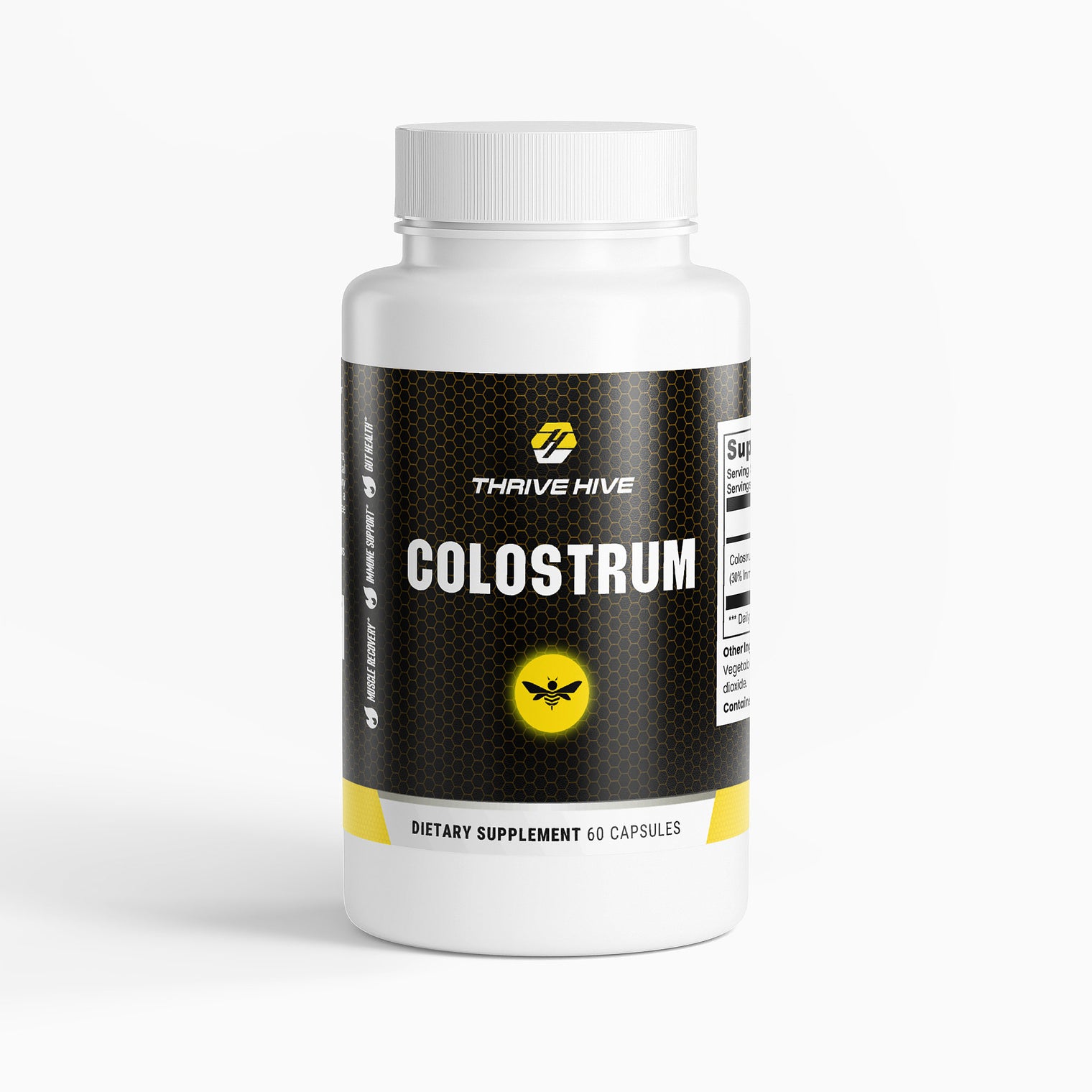 Thrive Hive Colostrum Capsules 500mg bottle for immune and gut support.