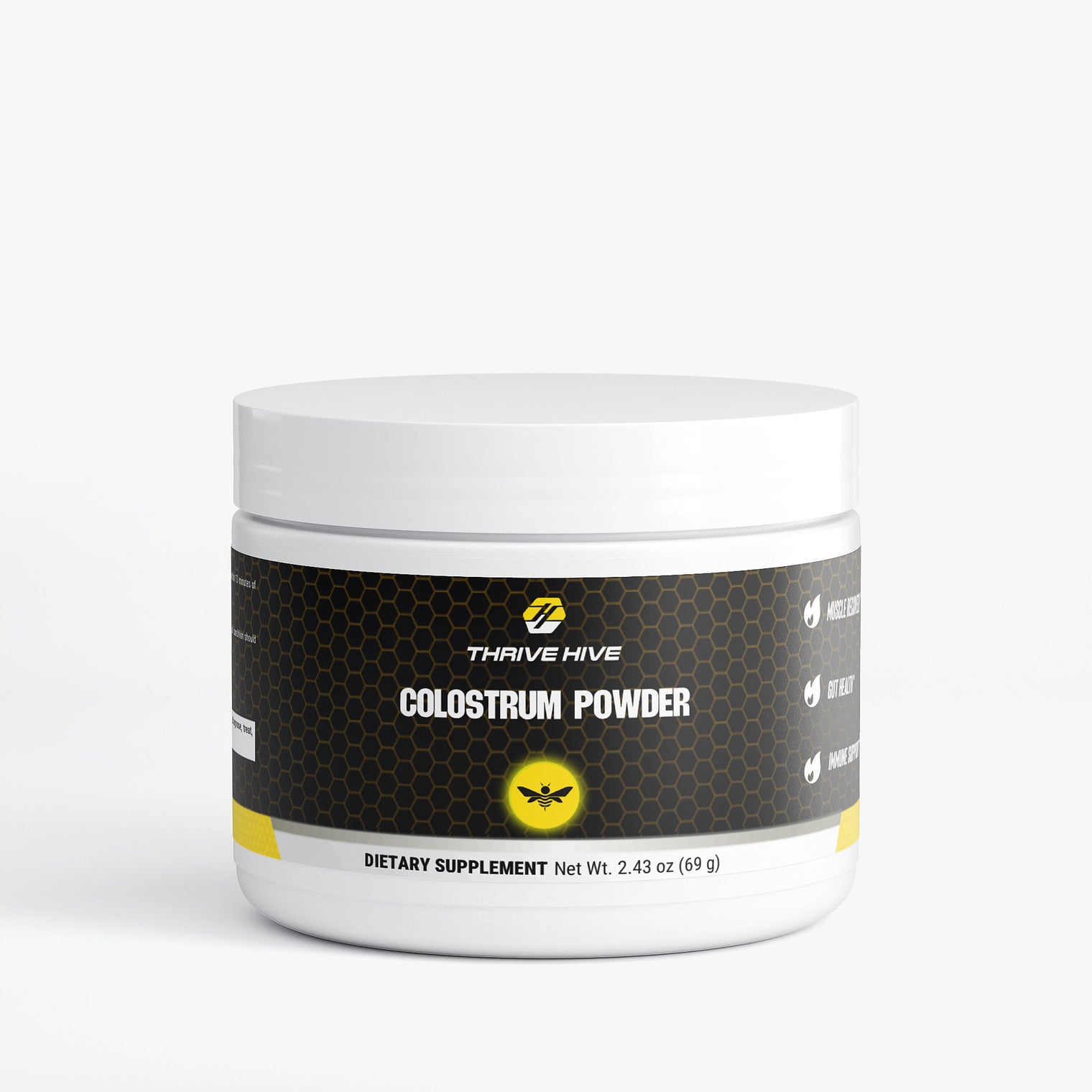 Container of Thrive Hive's Colostrum Powder for adults, standardized to 25% IgG for immune support.
