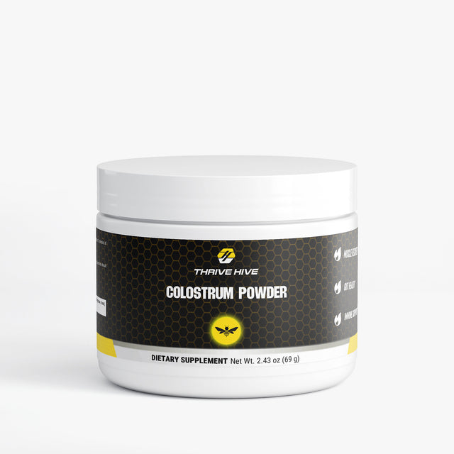 Container of Thrive Hive's Colostrum Powder for adults, standardized to 25% IgG for immune support.