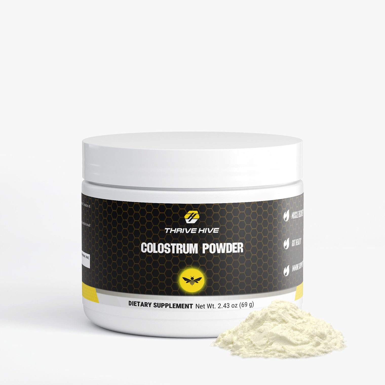Container of Thrive Hive's Colostrum Powder for adults, standardized to 25% IgG for immune support.