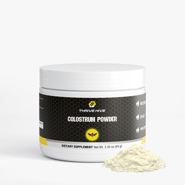 Container of Thrive Hive's Colostrum Powder for adults, standardized to 25% IgG for immune support.