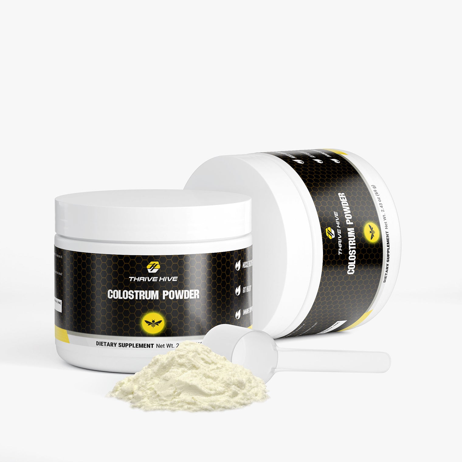 Scoop of high-potency Thrive Hive's Colostrum Powder, a flexible supplement for gut and digestive health.