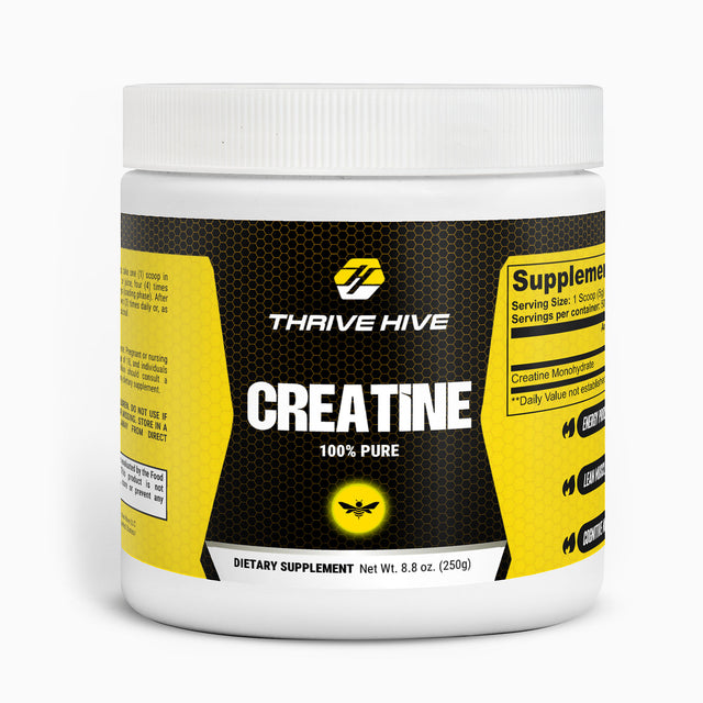Thrive Hive Creatine powder container, an unflavored supplement for muscle growth.