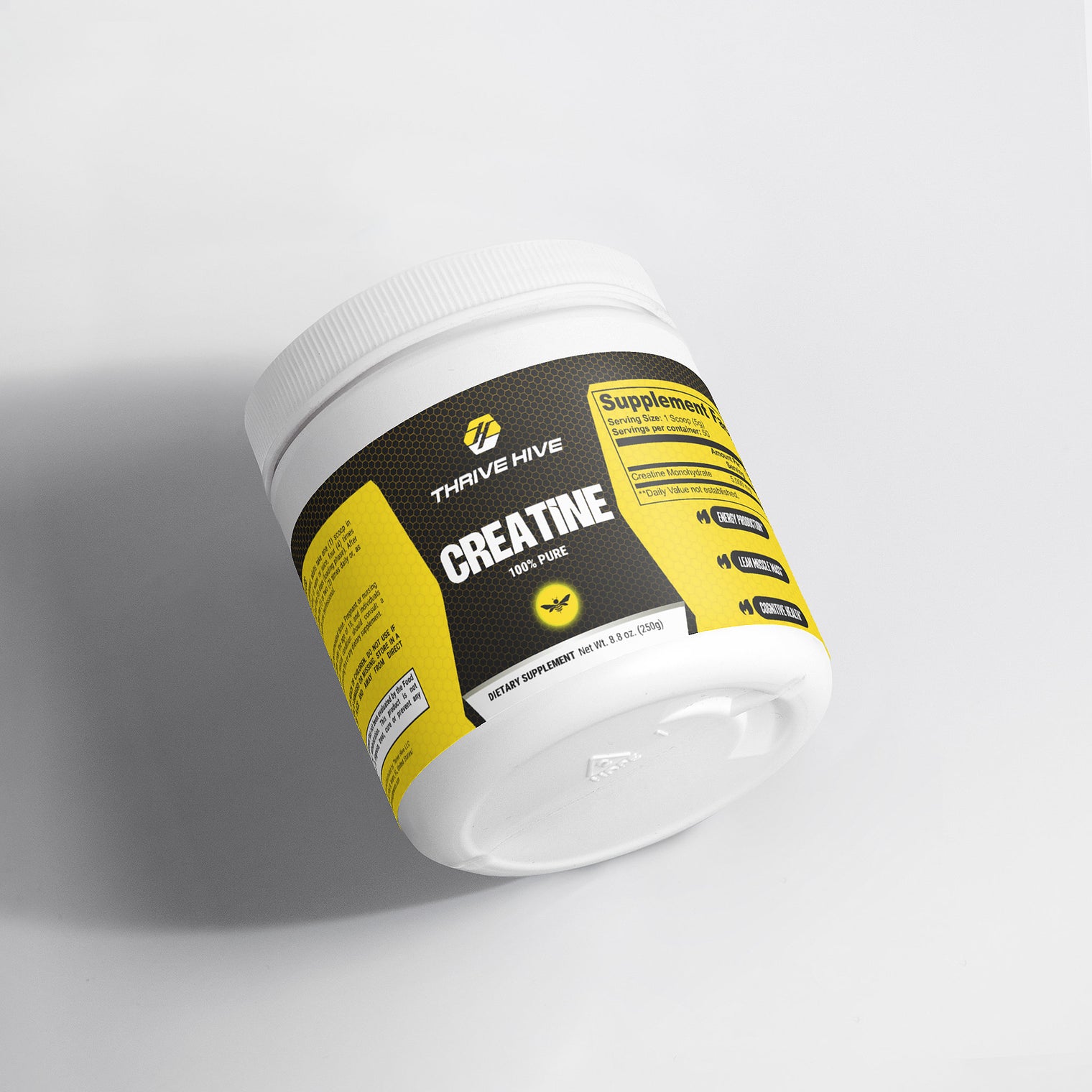 Thrive Hive Creatine powder container, an unflavored supplement for muscle growth.