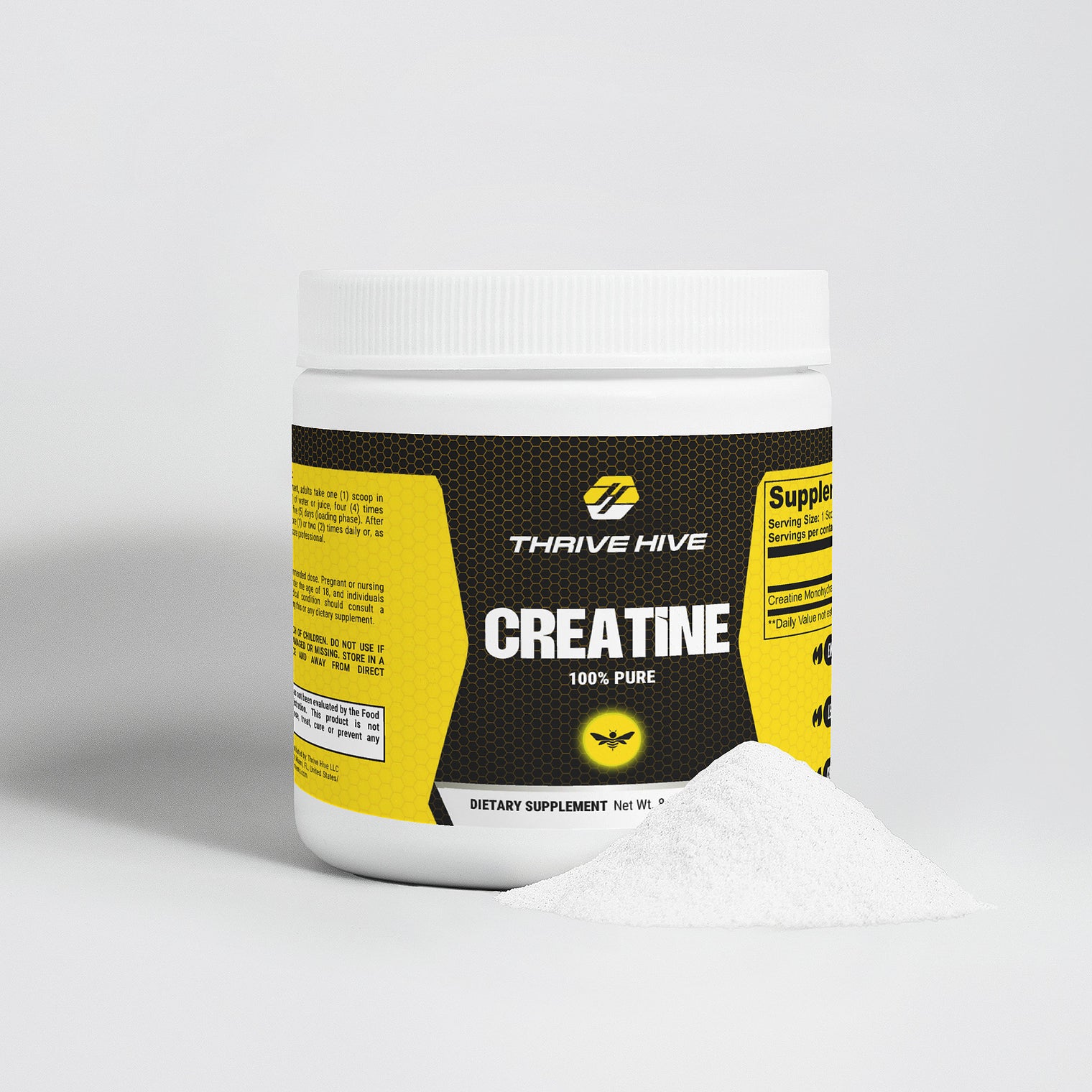 Thrive Hive Creatine powder container, an unflavored supplement for muscle growth.