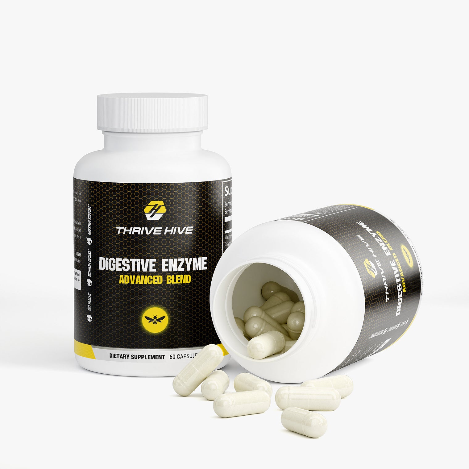 Close-up of a Thrive Hive Digestive Enzyme Advanced Blend capsule, with a comprehensive formula for gut health.