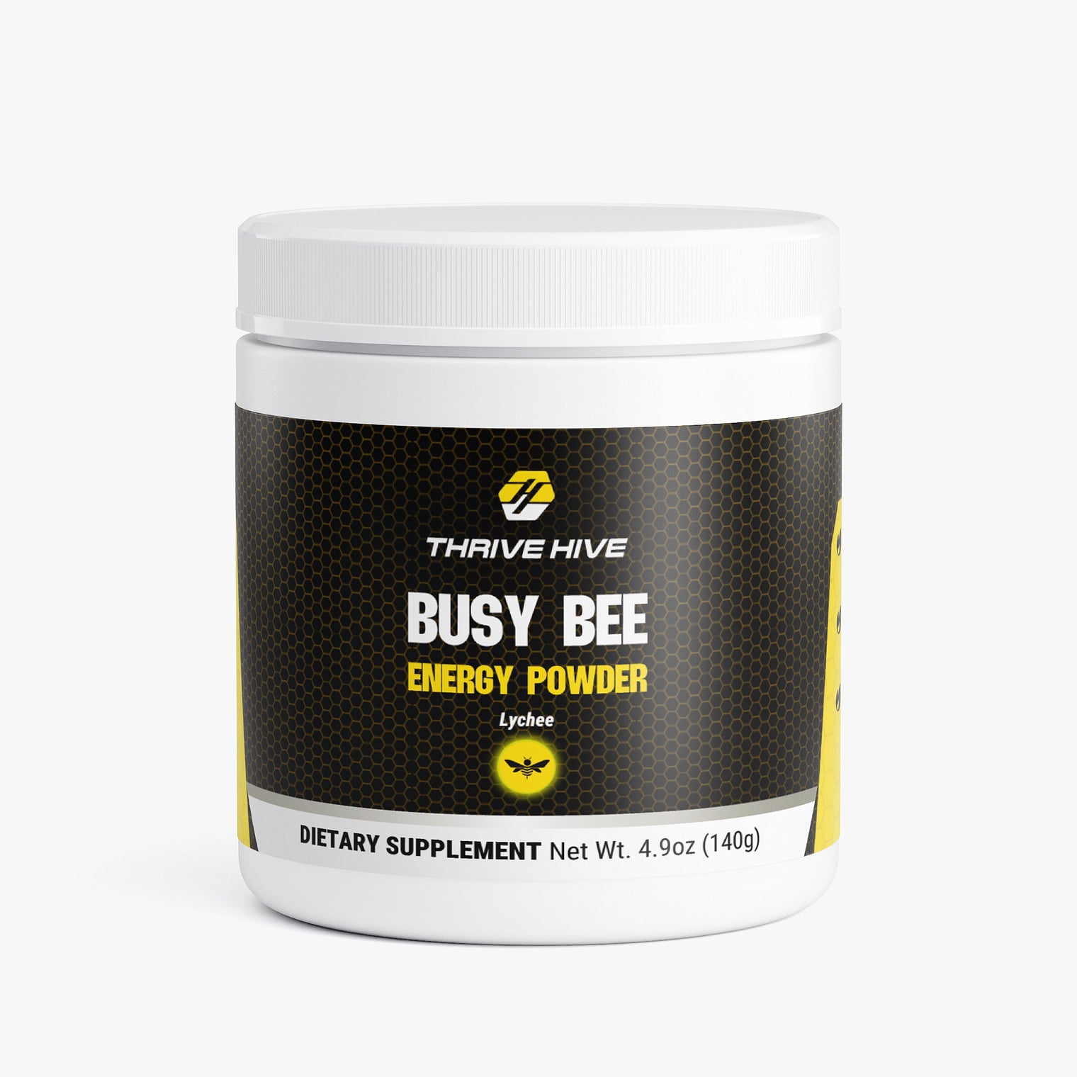 Thrive Hive Busy Bee Energy Powder jar in Lychee flavor for sustained focus.