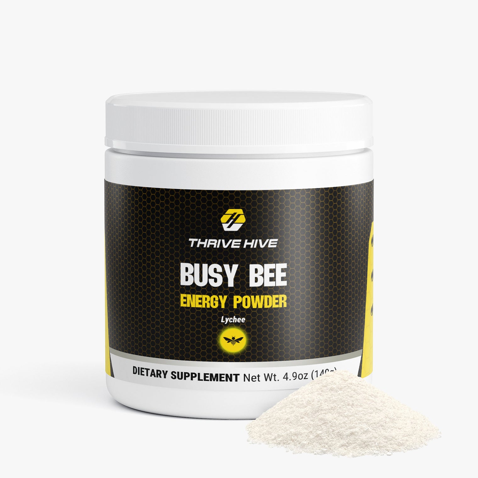 Thrive Hive Busy Bee Energy Powder jar in Lychee flavor for sustained focus.