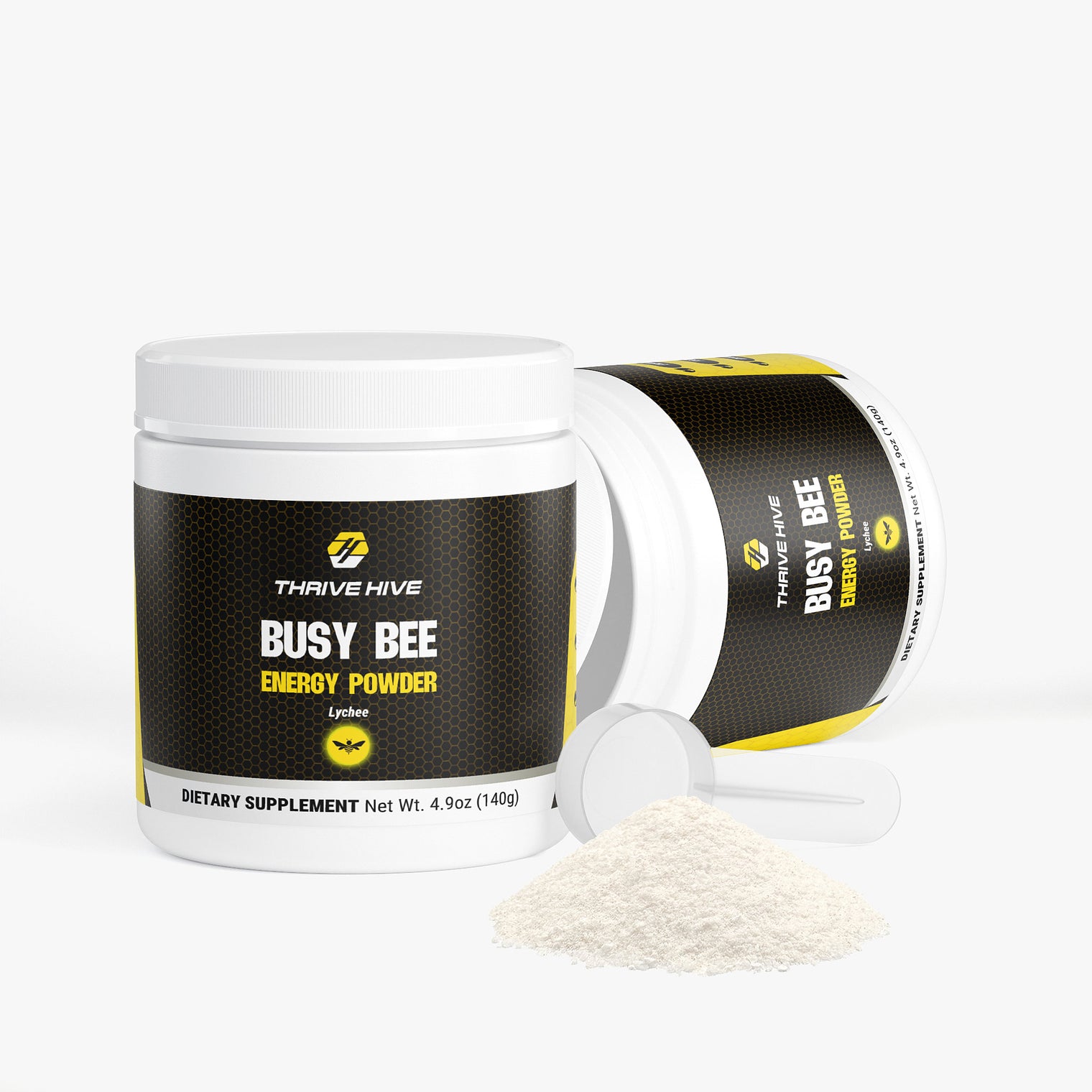 A scoop of Thrive Hive's sugar-free energy powder with key vitamins and electrolytes.