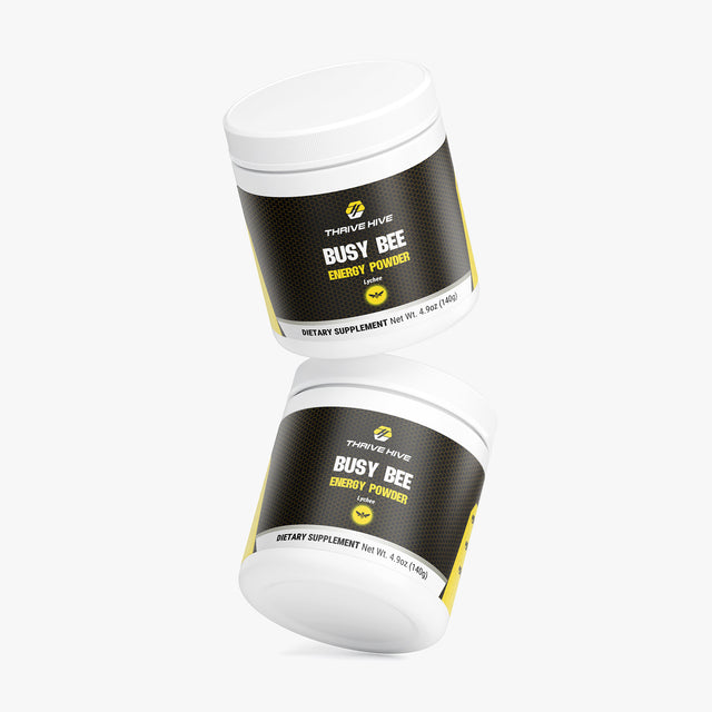 Thrive Hive Busy Bee Energy Powder jar in Lychee flavor for sustained focus.