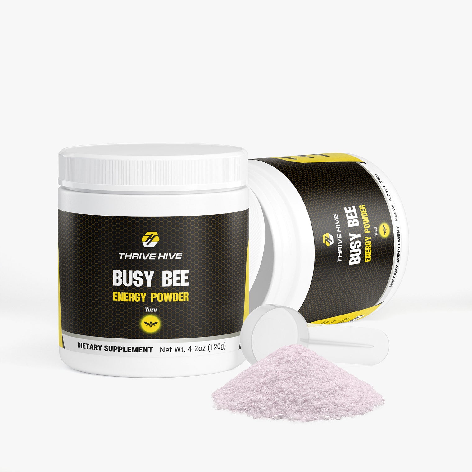 A scoop of Thrive Hive's sugar-free energy powder with key vitamins and electrolytes.