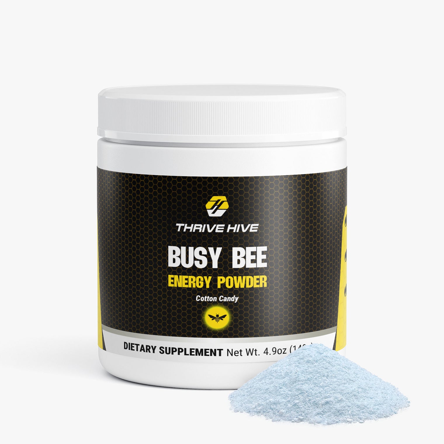 Thrive Hive Busy Bee Energy Powder jar in Cotton Candy flavor for sustained focus.