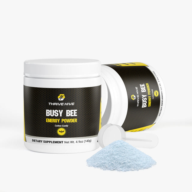 A scoop of Thrive Hive's sugar-free energy powder with key vitamins and electrolytes.