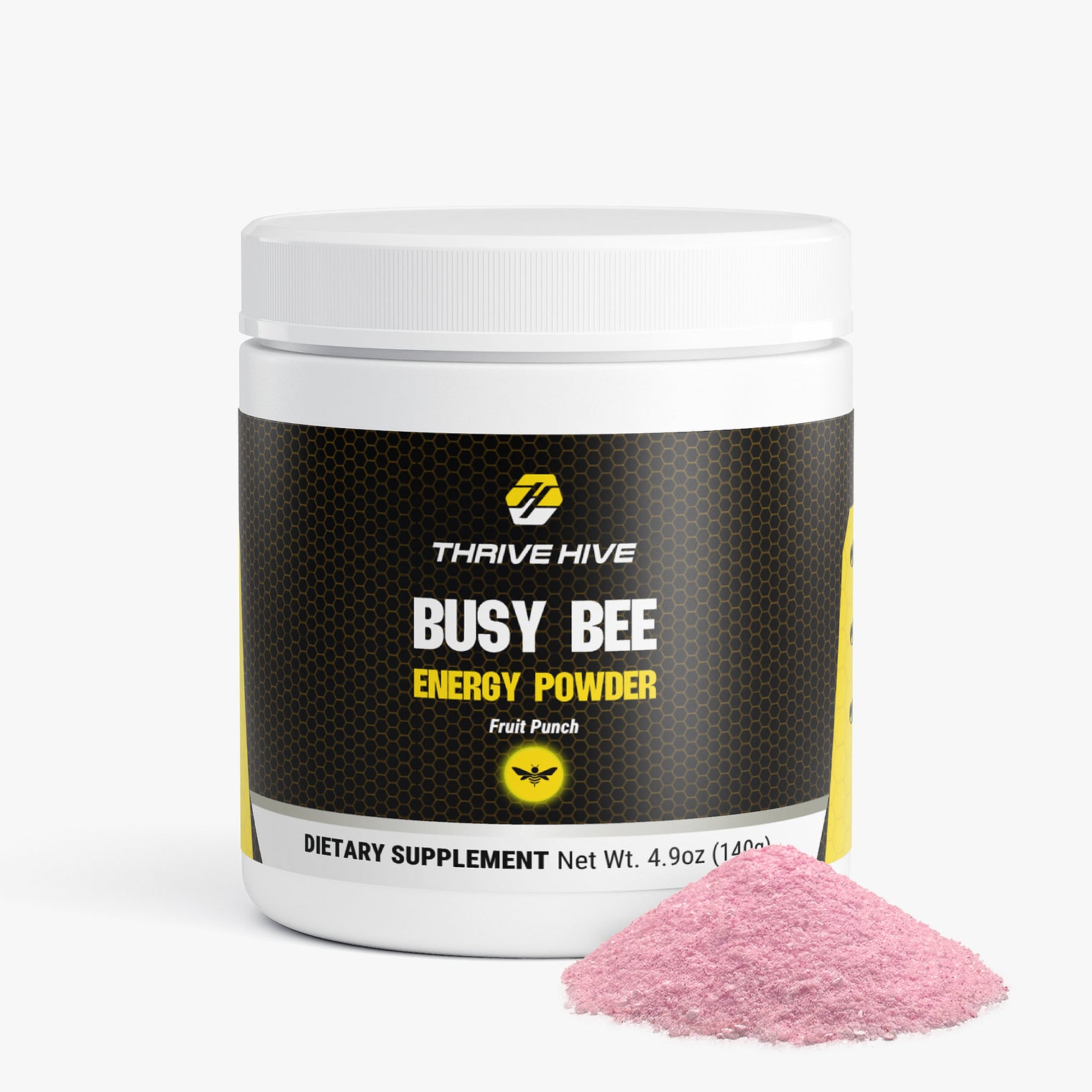 Thrive Hive Busy Bee Energy Powder jar in Fruit Punch flavor for sustained focus.
