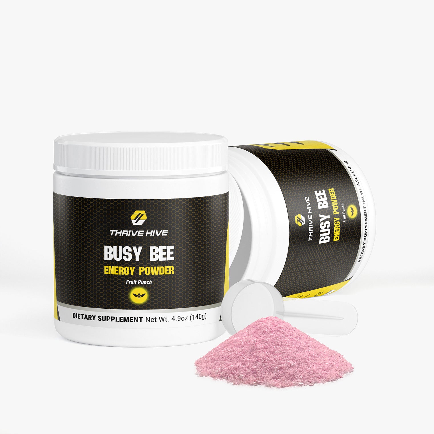 A scoop of Thrive Hive's sugar-free energy powder with key vitamins and electrolytes.