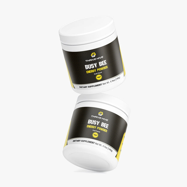 Thrive Hive Busy Bee Energy Powder jar in Fruit Punch flavor for sustained focus.