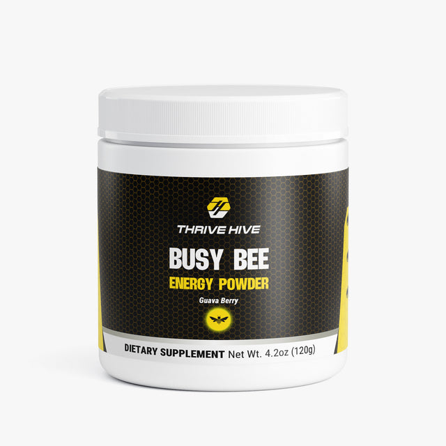 Thrive Hive Busy Bee Energy Powder jar in Guava Berry flavor for sustained focus.