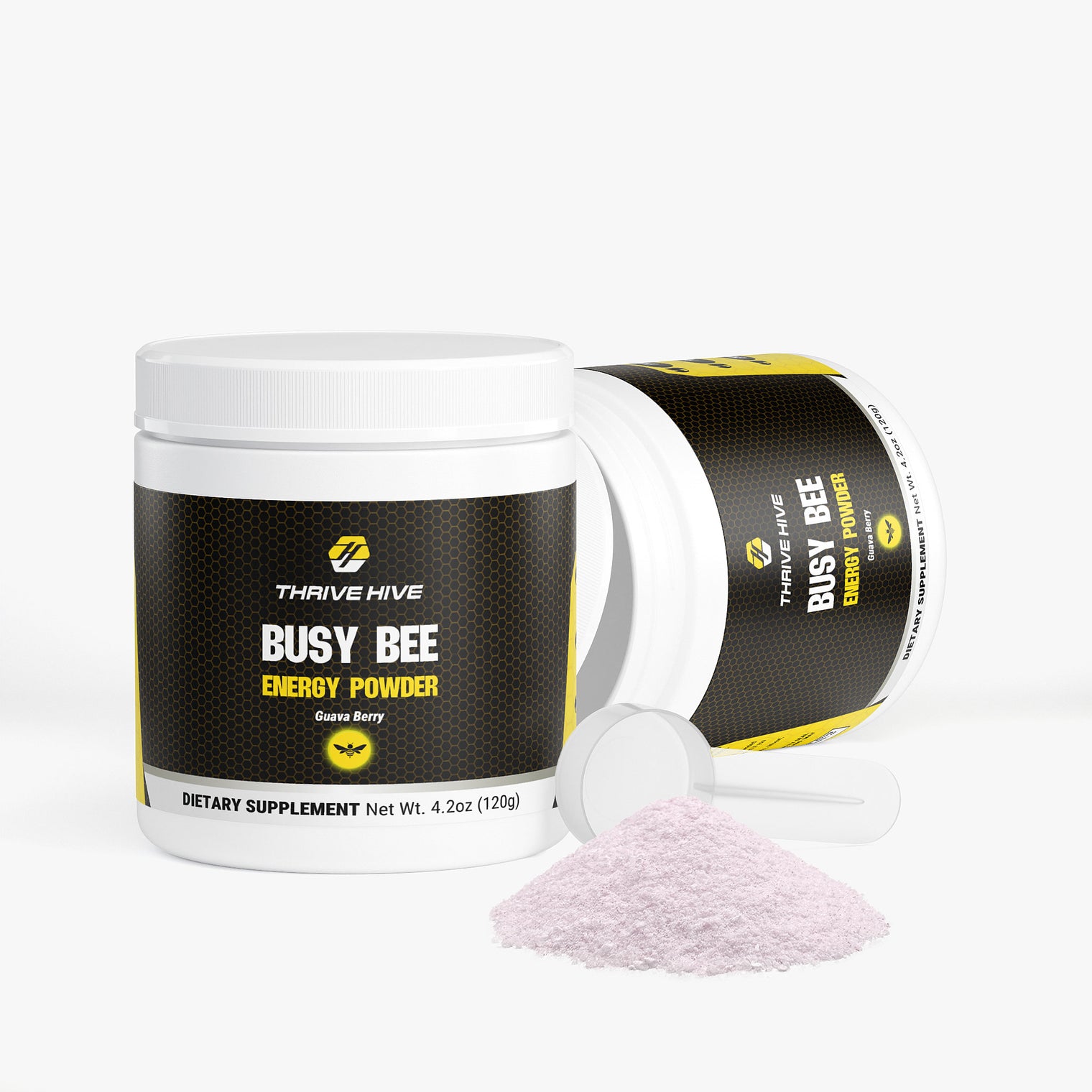 A scoop of Thrive Hive's sugar-free energy powder with key vitamins and electrolytes.