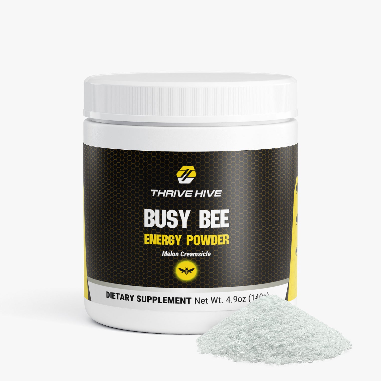 Thrive Hive Busy Bee Energy Powder jar in Melon Creamsicle flavor for sustained focus.