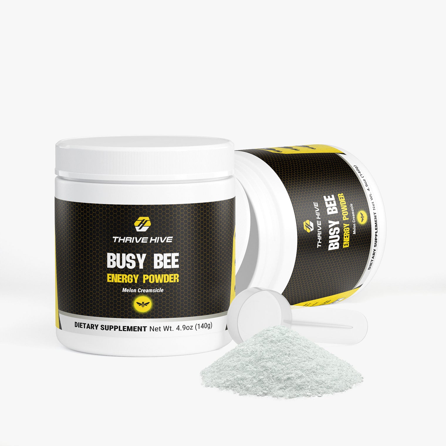 A scoop of Thrive Hive's sugar-free energy powder with key vitamins and electrolytes.